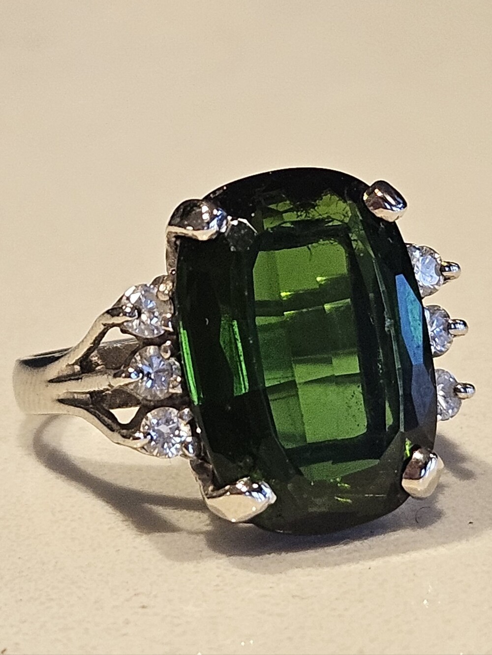 Estate 14k WG 11ct Natural Green Tourmaline Diamond Cocktail Ring Sz 5.5